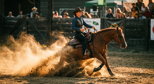 Reining horse and rider mid slide-stop